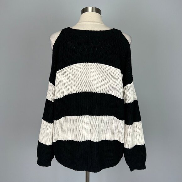Anthropologie Moth Womens Cold Shoulder Sweater Blsck White Stripes size Medium - Picture 6 of 10